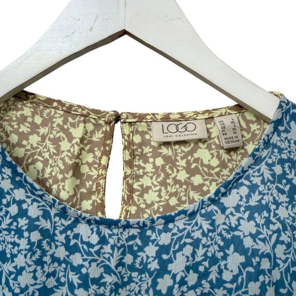 LOGO Lori Goldstein Blouse Large Blue Yellow Floral Ruffle Hem Boho Womens Top - Picture 3 of 7